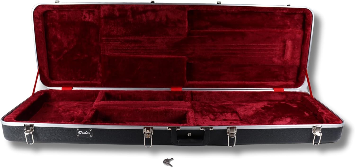 Disher Rattlesnake Bass Guitar (with Disher hard case, Disher seatbelt/leather guitar strap & 10 ft braided guitar cable) (3 Colors) (Metallic Cherry Red)