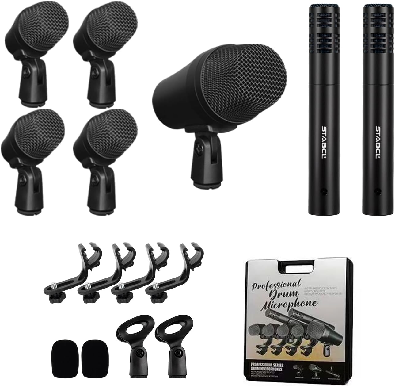 7 Piece Drum Mic Kit with Carrying Case, Full Metal Wired Dynamic Drum Mics Set for Kick Bass, Tom, Snare, Hi-hat Cymbals and Musical Instrument Drum Microphone with Holders, Threaded Clips