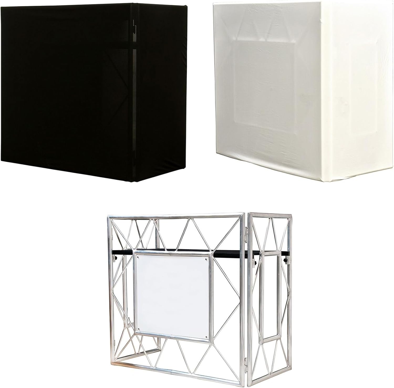 Audiosavings bundle: ADJ Pro Event Table 2 Foldable Portable Metal DJ Booth Facade bundled with Black and White Scrims (3 items)