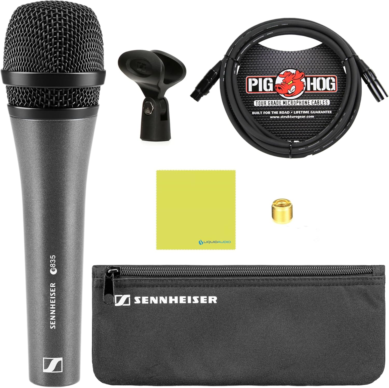 Liquid Audio Sennheiser E 835 Cardioid Dynamic Vocal Microphone Bundle w/Pig Hog PHM10 8mm Mic Cable Polishing Cloth
