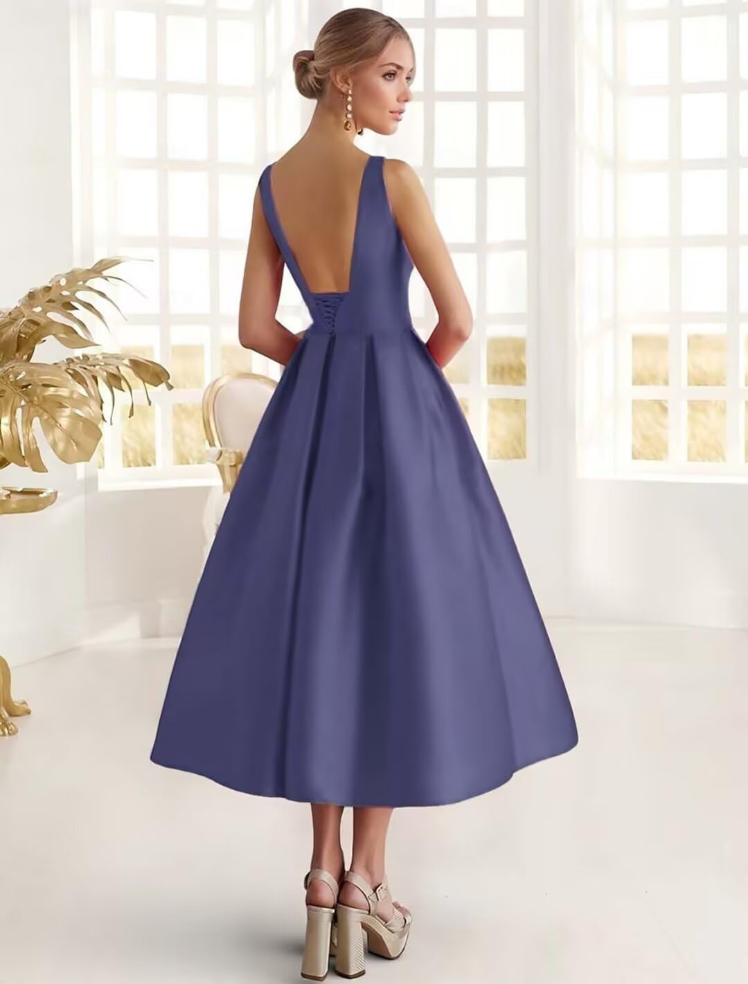 Formal Satin Mother of The Bride Dresses for Women Tea Length A Line Wedding Guest Dress with Pockets