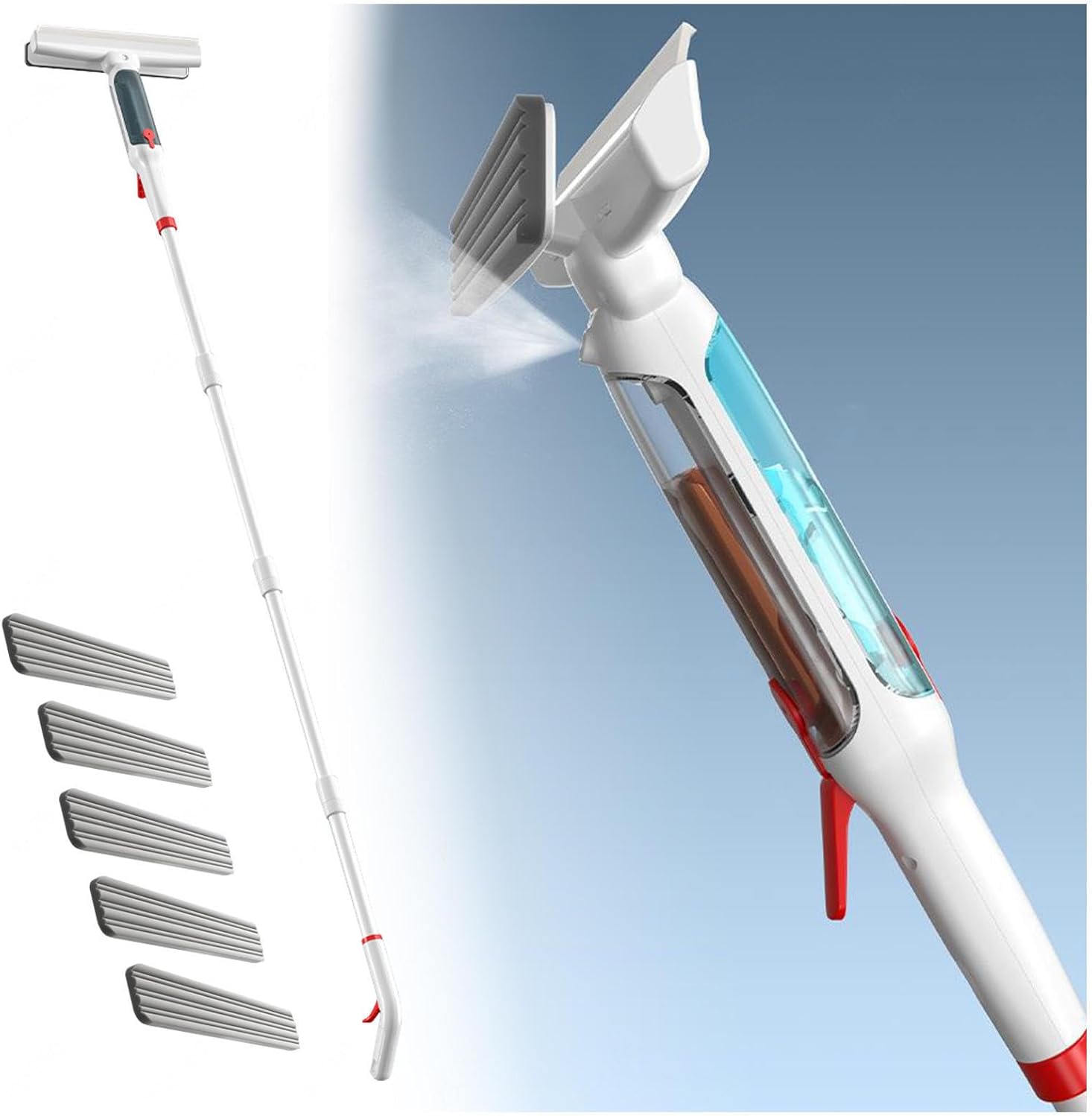 75'' Spray Window Washing Kit with 4-Section Extension Pole, 4 in 1 Window Vacuum Squeegee Cordless Shower Squeegee for Tile Shower Walls with Sewage Collector and 5 Pads