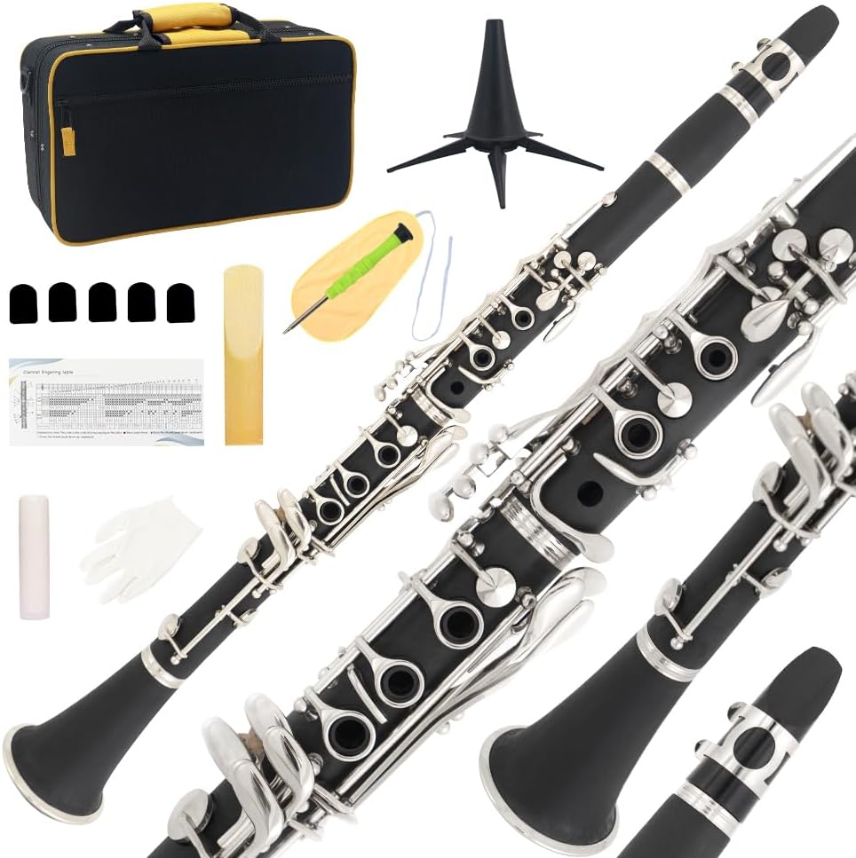Bb Clarinet - Band Clarinet for Beginner, with, Mouthpiece, Hard Case Bag and Cleaning Kit(Black)