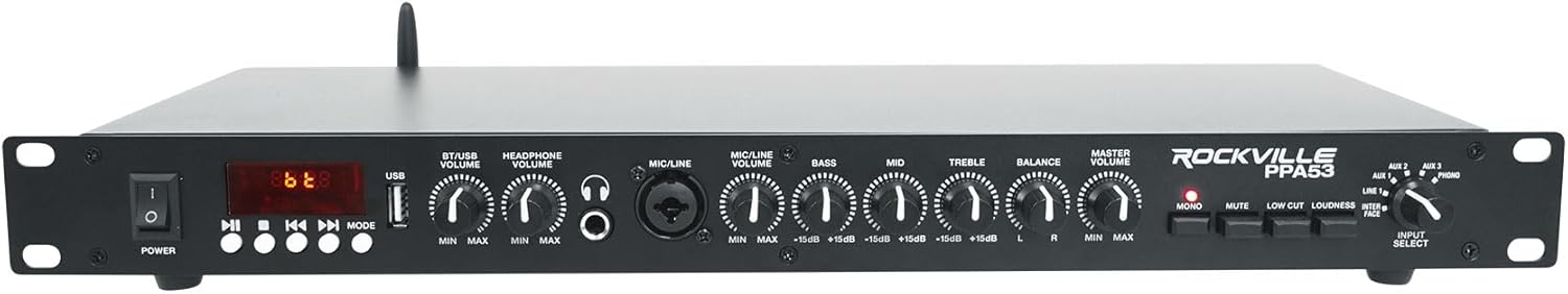 Rockville PPA53 Preamp Pro 1U Preamplifier w/Bluetooth, USB/Computer Interface, Multi-Input, High-Fidelity Audio, for Home Studio Recording & Live Sound