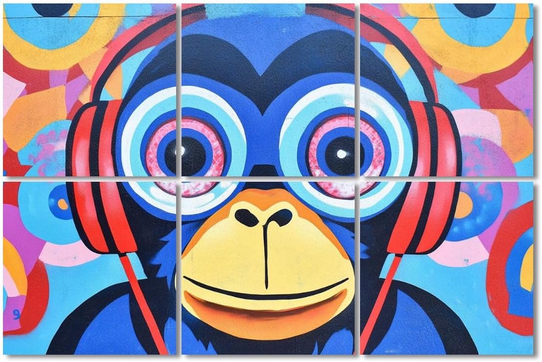 6 Pack Art Acoustic Panels Sound Absorbing Graffiti Monkey Headphones Street Pop Art Circular Patterns Large Eyes Decorative Soundproof Wall Panels Self Adhesive for Recording Studios Office 72