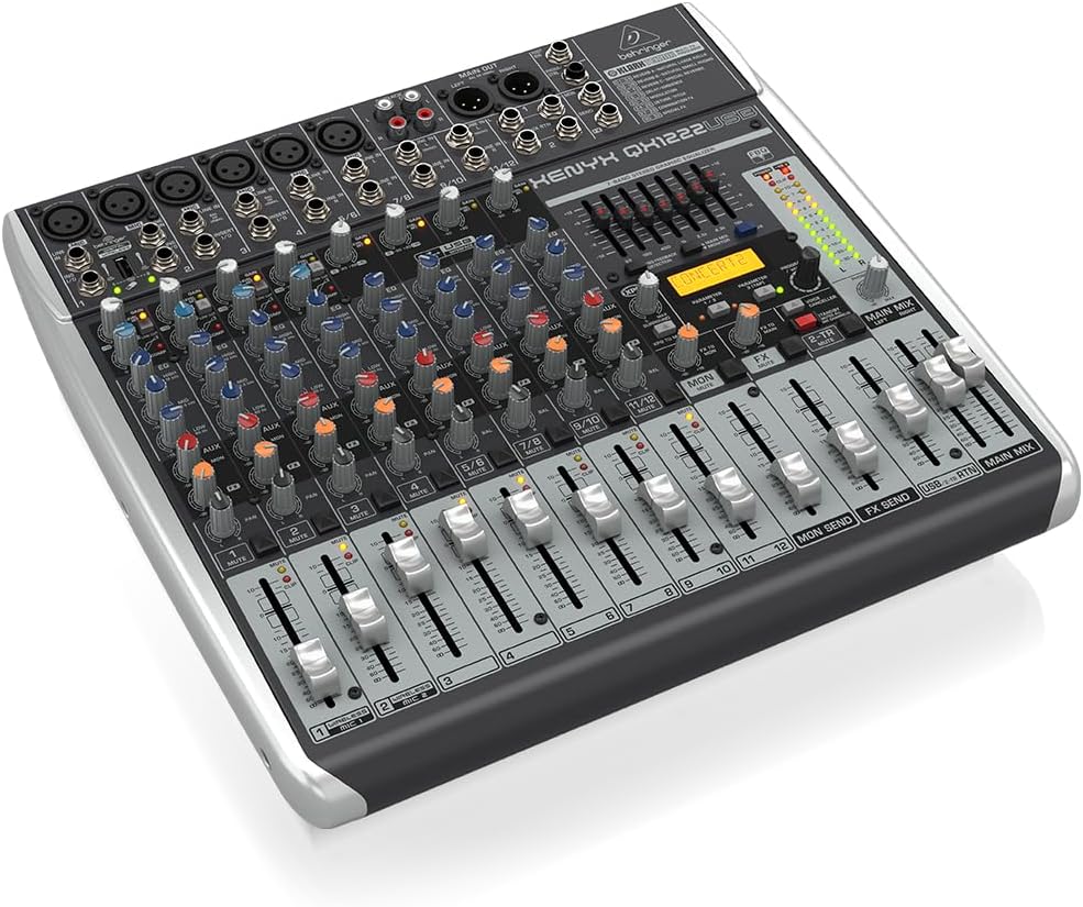 Behringer XENYX QX1222USB Premium 16-Input 2/2-Bus Mixer with XENYX Mic Preamps and Compressors, Klark Teknik Multi-FX Processor, Wireless Option and USB/Audio Interface
