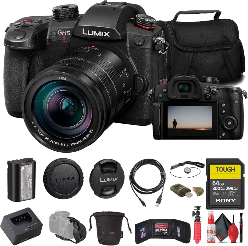 Panasonic Lumix GH5 II Mirrorless Camera with 12-60mm Lens (DC-GH5M2LK) + Sony 64GB Tough SD Card + Card Reader + Case + Flex Tripod + Hand Strap + Memory Wallet + Cap Keeper + Cleaning Kit (Renewed)