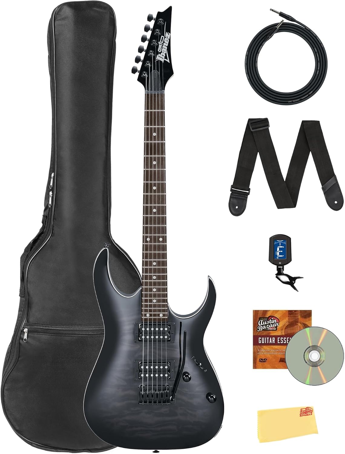 Ibanez GRGA120QA RGA Gio Electric Guitar - Transparent Black Sunburst Bundle with Gig Bag, Tuner, Strap, Instrument Cable, Austin Bazaar Instructional DVD, and Polishing Cloth