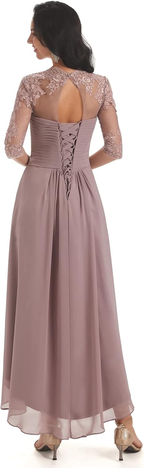 Sukleet Women's Lace Applique Mother of The Bride Dresses Tea Length Short Sleeves Chiffon Pleated Formal Wedding Guest Dress