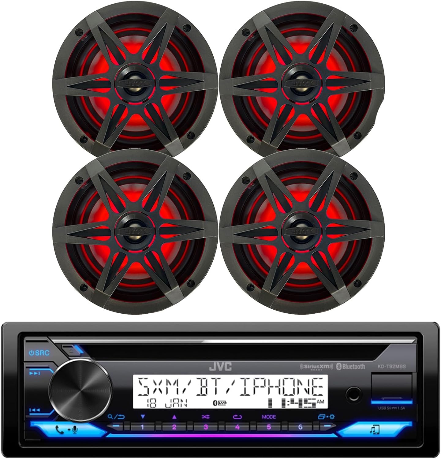 Single DIN Marine Bluetooth Stereo CD Receiver, 4X 6.5 2-Way 120 Watt Max Multicolor LED Boat Audio Speakers w/Charcoal and Chrome Grilles