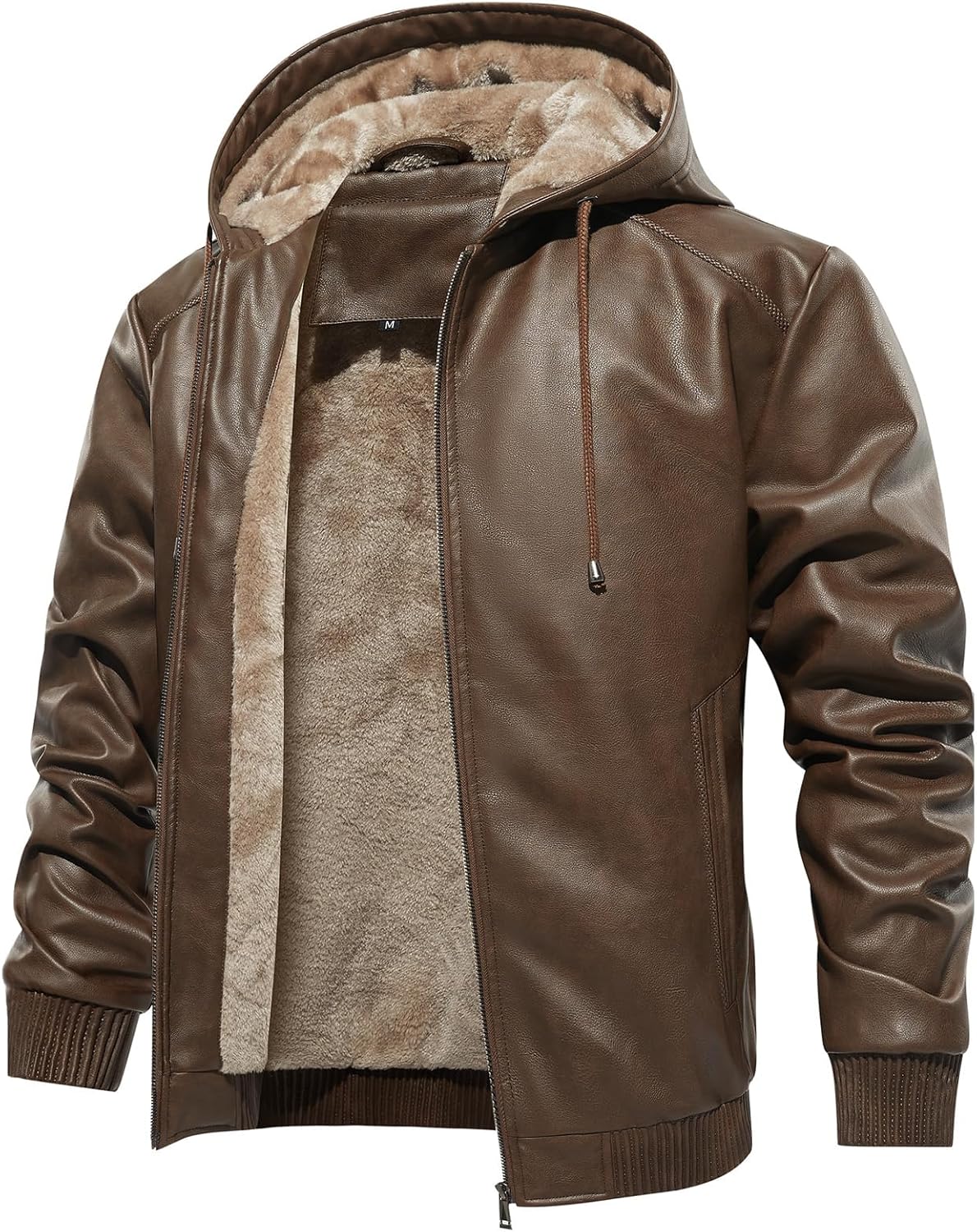 MANSDOUR Men's Faux Leather Jacket Warm Black Fleece Lined Motorcycle Bomber Jacket with Hood