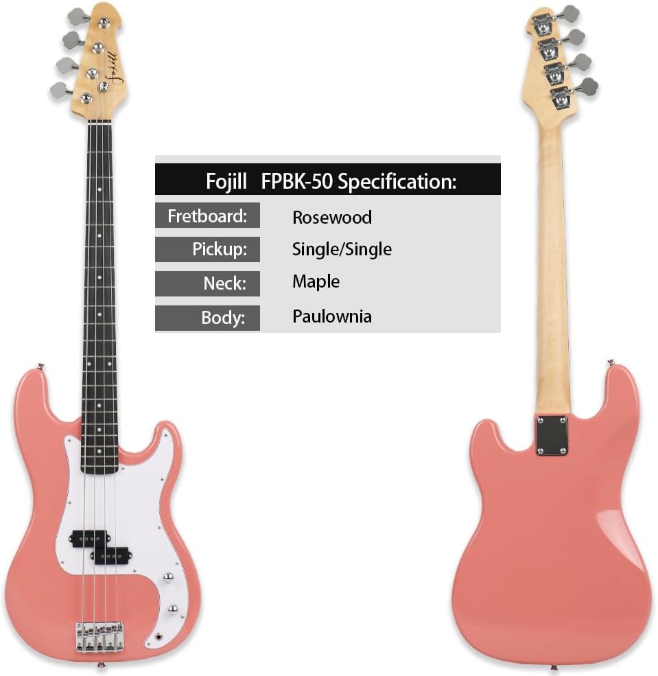 Fojill Full Size 4 Four String Electric Bass Guitar 20W Amplifier Amp Right Hand Beginner Starter Kit Set Combo Bundle Accessory Gig Bag,Strap,Picks,Capo,Noiselss Cable,Strings (Pink)