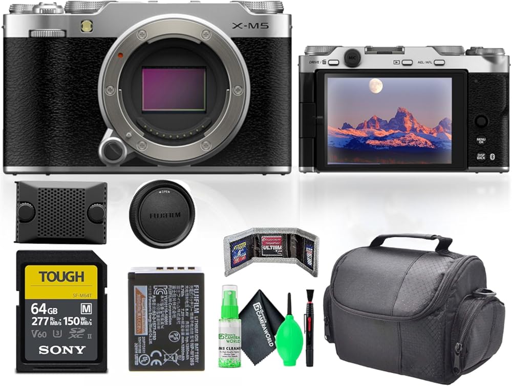 Fujifilm X-M5 Mirrorless Digital Camera Body - Silver Bundle with 64GB SF-M Tough Series UHS-II SDXC Memory Card + Cleaning kit + Memory Card Wallet + USB Card Reader, SD/microSD + Travel Bag