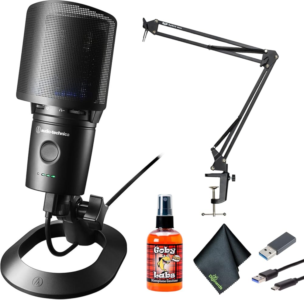 Audio-Technica AT2020USB-XP Cardioid Condenser USB Microphone + PodMaster Boom Broadcast/Podcast Boom Arm Mic Stand + Microfiber Cleaning Cloth + Goby Labs Microphone Cleaner