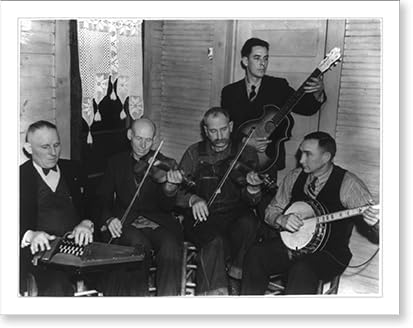 Historic Framed Print, [Bog Trotters Band members seated with instruments, Galax, Va. Includes Doc Davis, with autoharp; Crockett Ward, with fiddle; Uncle Alex Dunford, with fiddle; Wade Ward, with banjo; Fields Ward, with guitar], 17-7/8