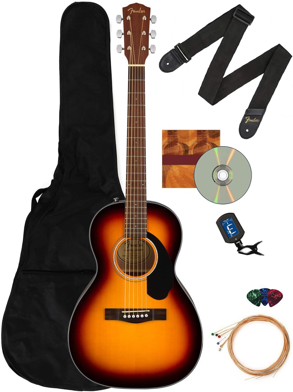 Fender CP-60S Solid Top Parlor Size Acoustic Guitar Bundle with Gig Bag, Tuner, Strap, Strings, Picks, Fender Play Online Lessons, and Austin Bazaar Instructional DVD - Sunburst