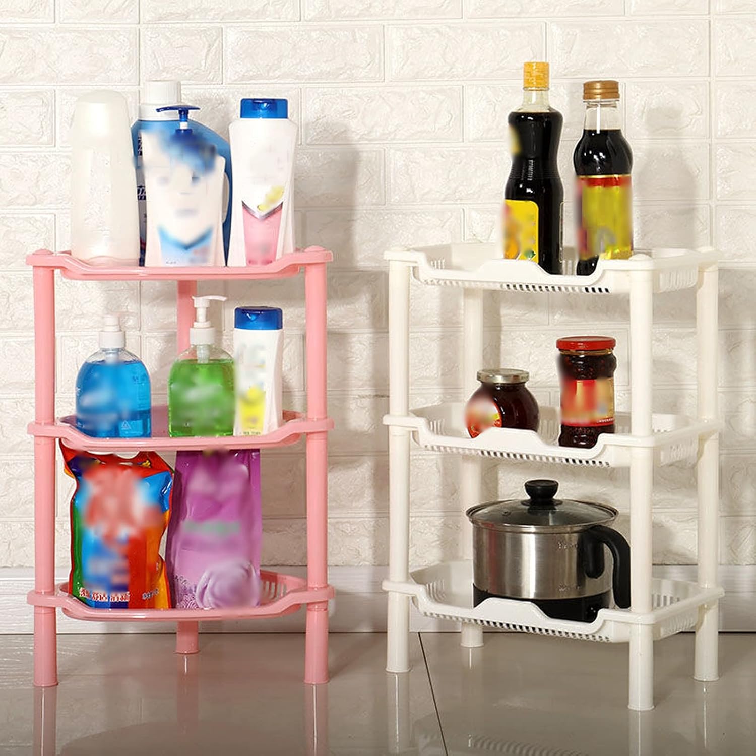 3 Tier Corner Storage Shelf Unit Organizer for Bathroom and Kitchen - Pink/White Shower Storage Rack with Out Tower for Plastic Bathroom Storage Shelves (A)