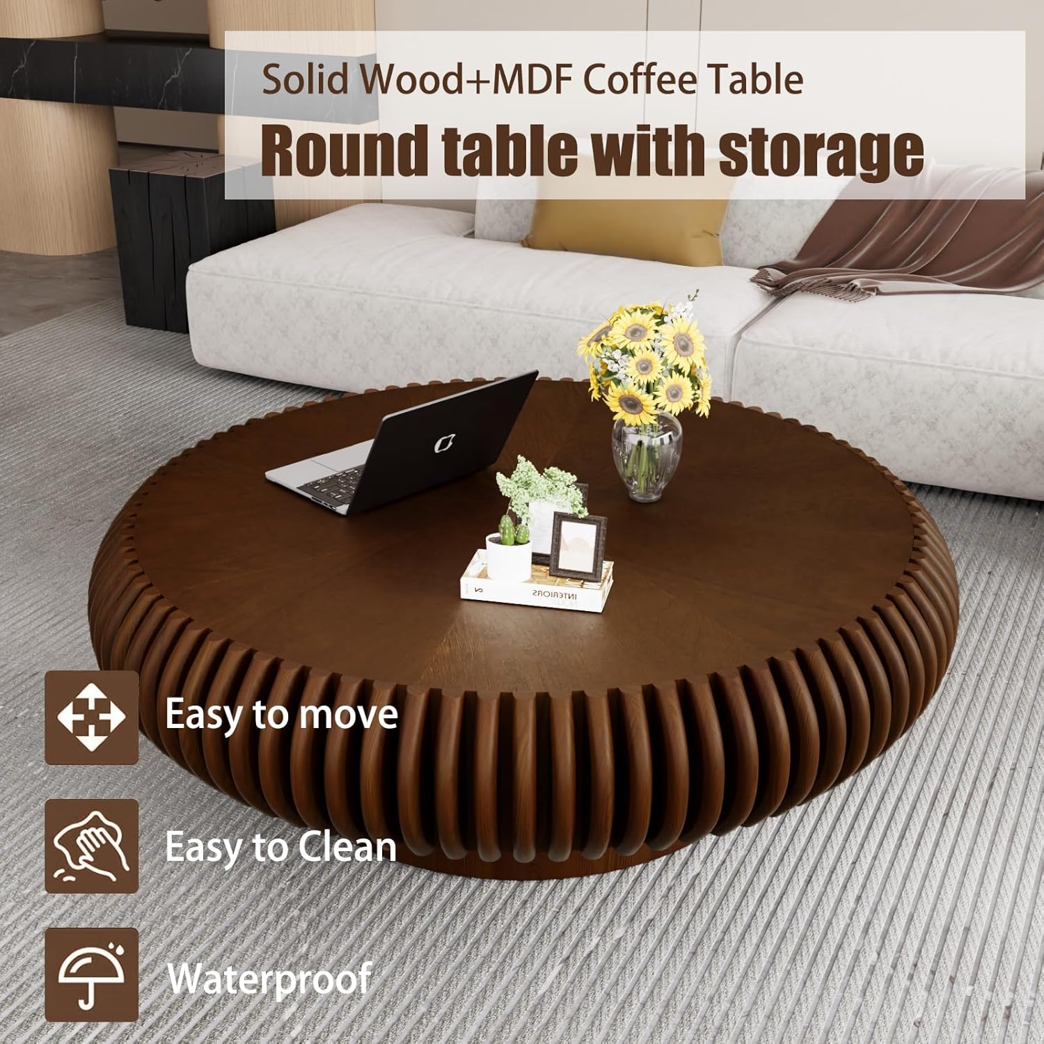 Handcrafted Solid Wood Round Grooved Coffee Table Modern Curved Fluted Drum Center Table Stylish Focal Point for Contemporary Living Room (C Walnut 100cm)