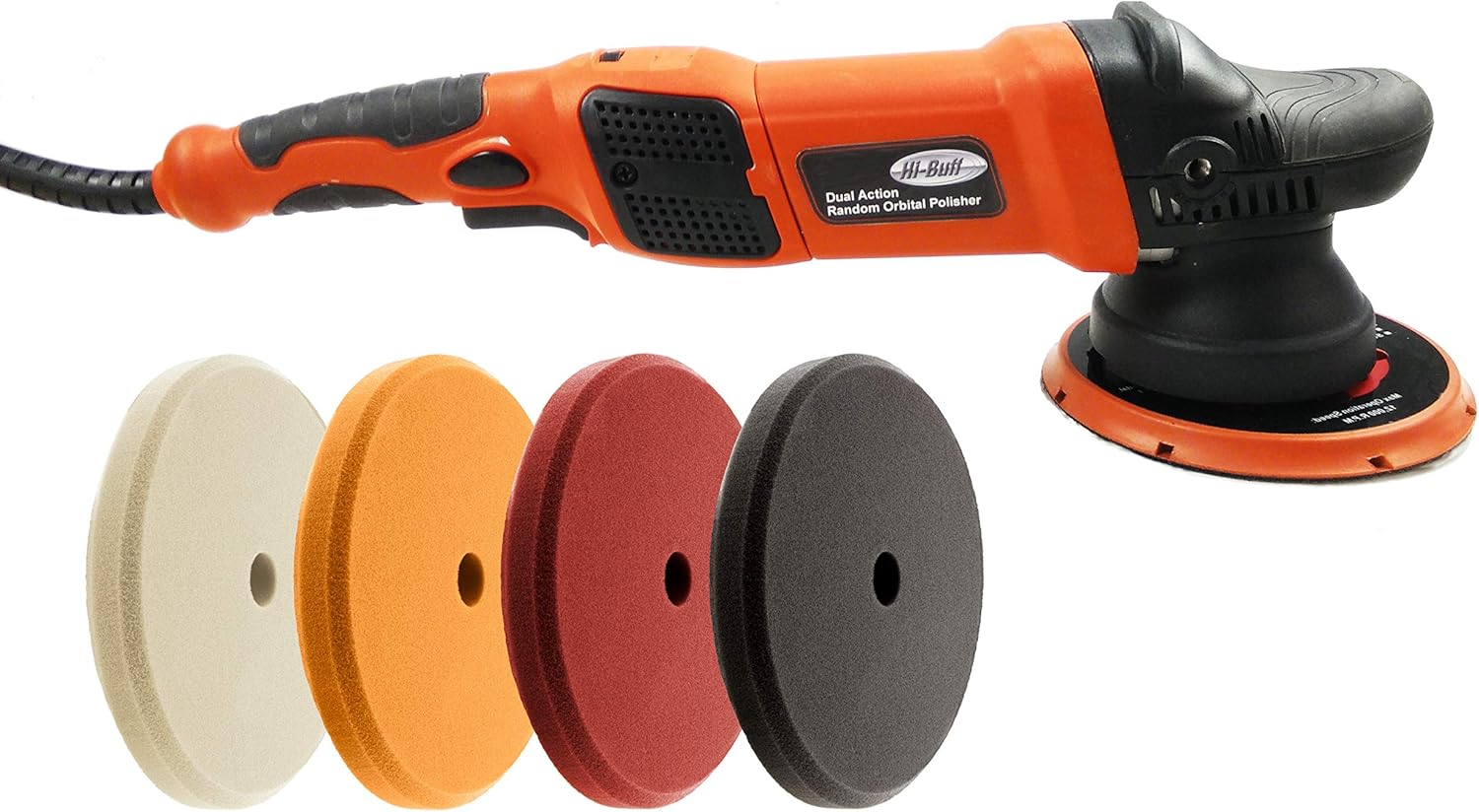 HI BUFF - Long Throw Dual Action Random Orbital Polisher (21mm Stroke) with Complete Starting Pad Set (Heavy, Medium, Light Polish and Finishing) | Variable Speed for Professional Automotive Detailing