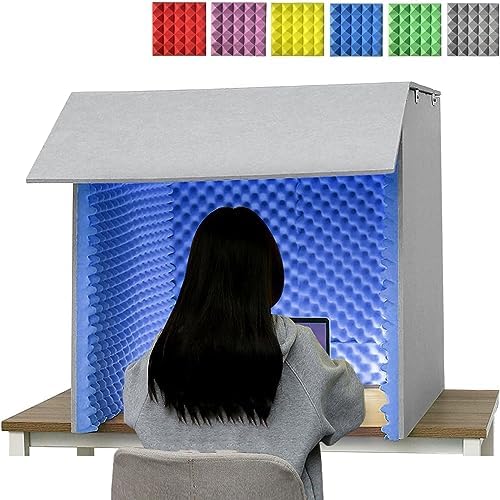 Desktop Soundproof Cover Microphone Isolation Booth Box Portable Vocal Recording Booth Soundproof Booth for Recording Studio Podcasts Singing and Broadcasting (Blue 80 * 80