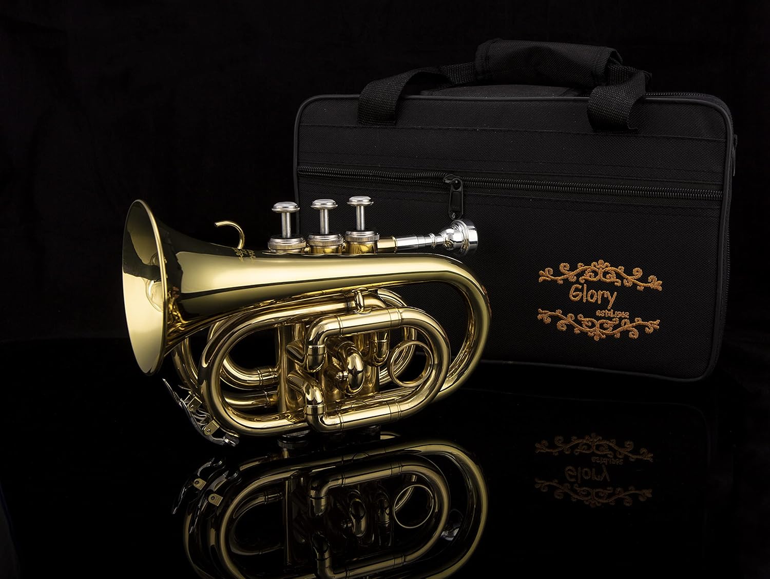 Glory Bb Pocket Trumpet with Case, Cleaning Cloth, Gloves, Gold Lacquer (LAQUER)