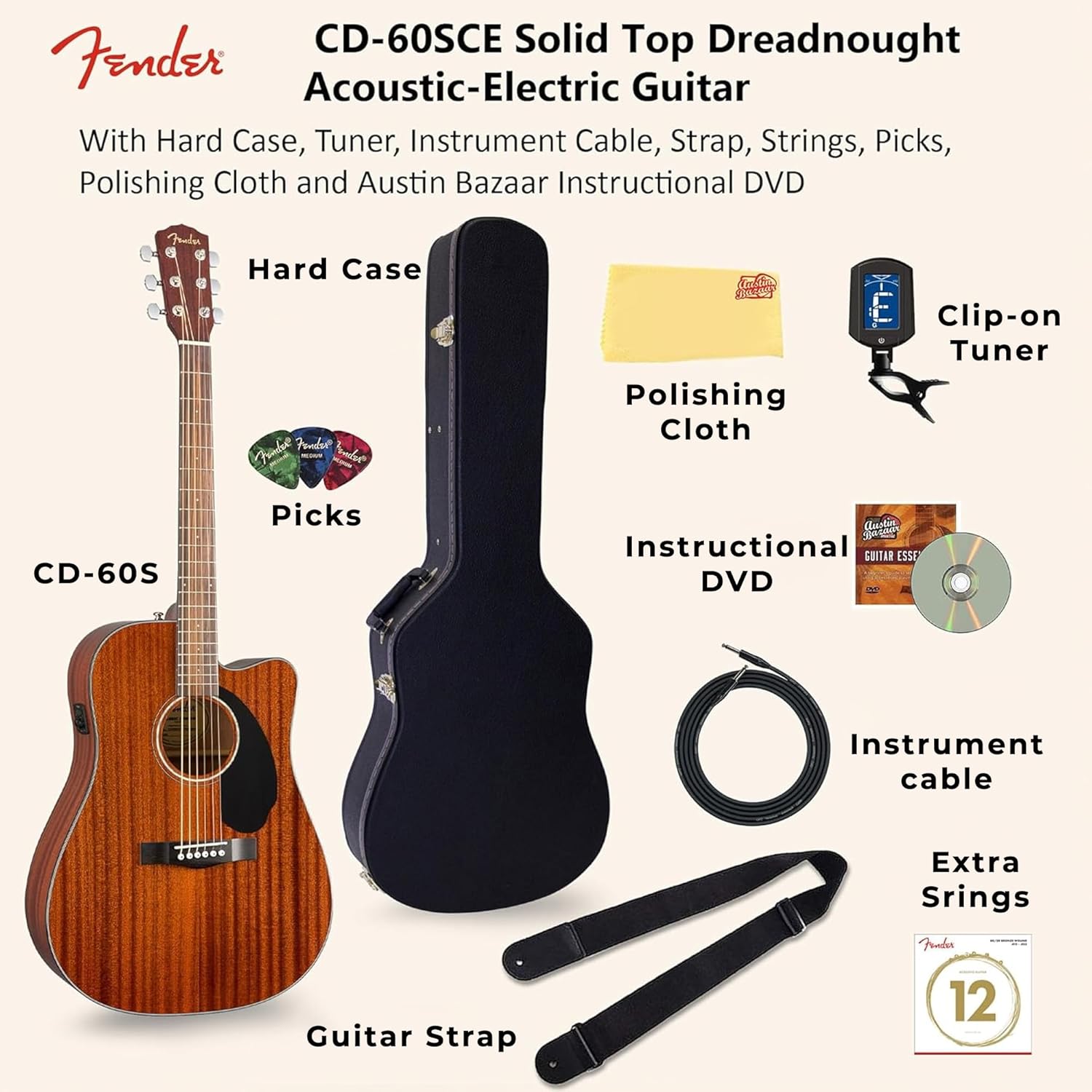 Fender CD-60SCE Solid Top Dreadnought Acoustic-Electric Guitar - All Mahogany Bundle with Hard Case, Tuner, Instrument Cable, Strap, Strings, Picks, Austin Bazaar Polishing Cloth and Instructional DVD