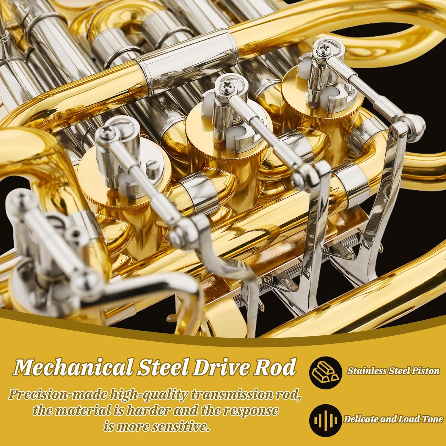 Double French horn F/Bb 4 keys, French horn lacquered gold, comes with case, mouthpiece, gloves, cleaning cloth, brush