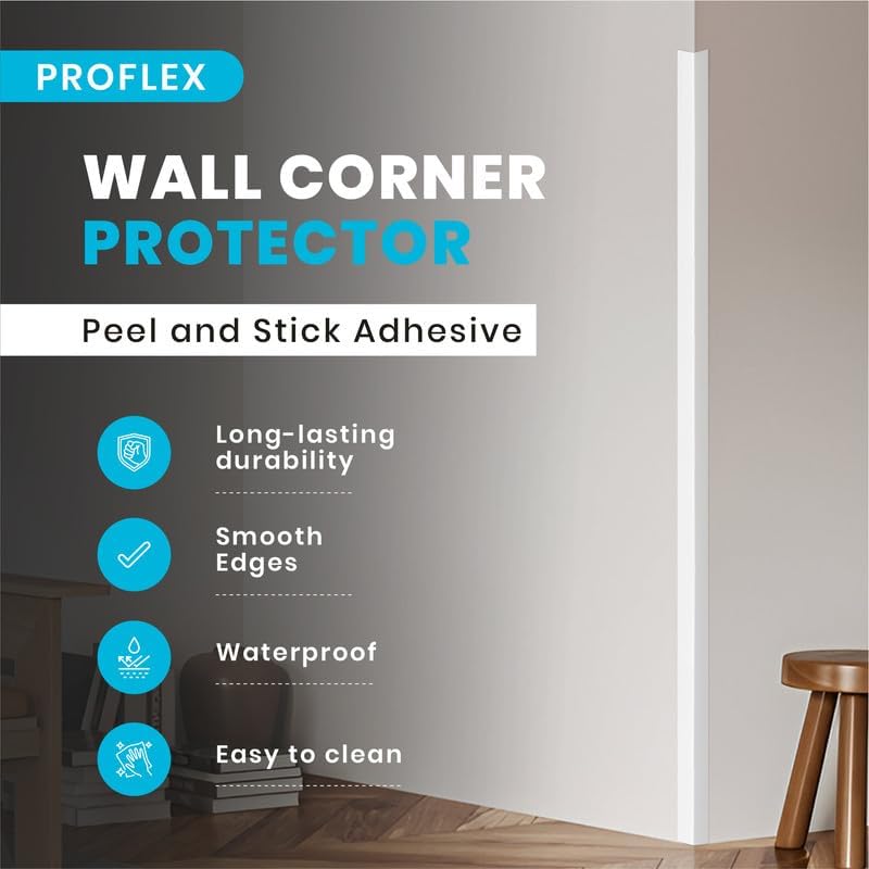 Proflex Wall Corner Protector - White Textured 1 inch x 60 inch, Pack of 6 - Self Adhesive Corner Guards for Walls Edge Protection – Easy to Apply – No Tools Needed