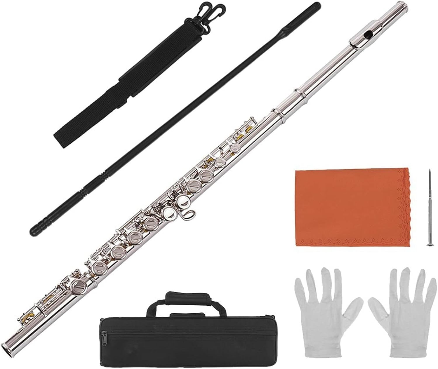 Flute Kit 16 Holes Concert Flute Closed Hole Flute C Key Flutes Cupronickel Woodwind Instrument with Cleaning Cloth Rod Gloves Intermediate Flute