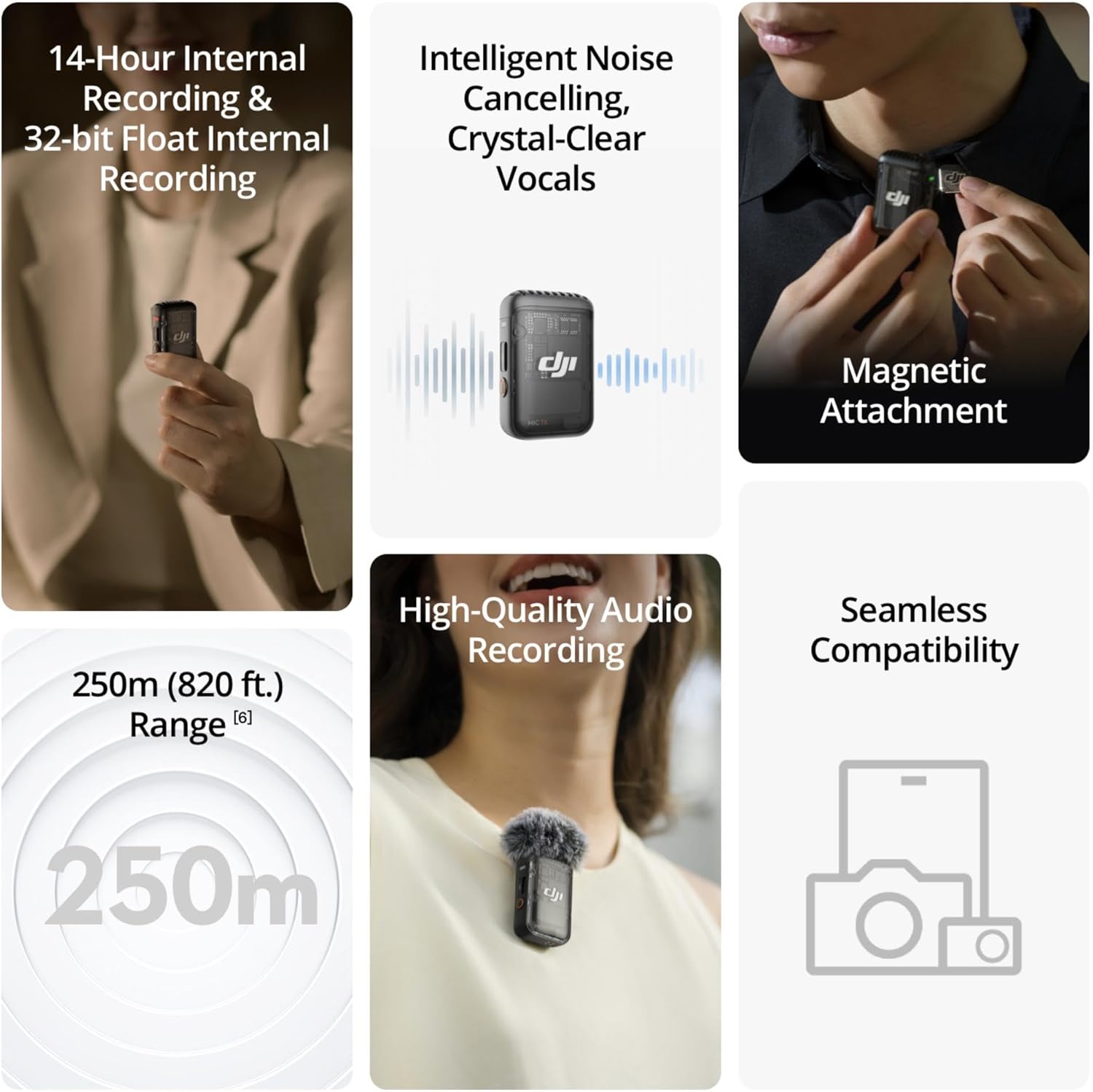 DJI Mic 2 (1 TX + 1 RX) + Lavalier Mic, Wireless Microphone, Intelligent Noise Cancelling, 32-bit Float Internal Recording, Optimized Sound, 250m (820 ft.) Range, Microphone for iPhone, Android, PC