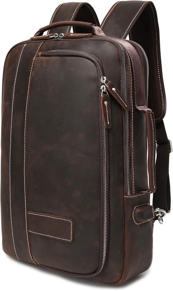 LANNSYNE Men's Full Grain Leather Expandable 15.6 Laptop Backpack Tote Shoulder Travel Bag Rucksack