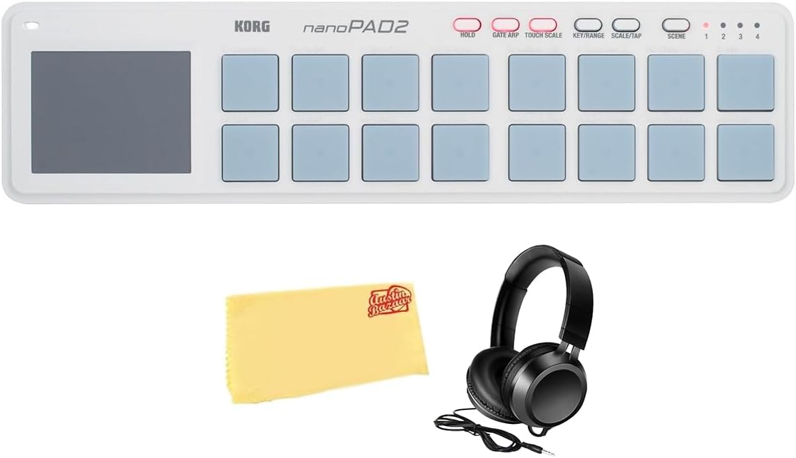 Korg nanoPAD2 Slim-Line USB Controller - White Bundle with Headphones and Polishing Cloth