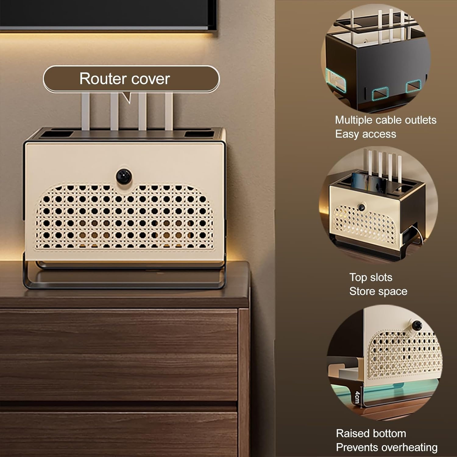 Rattan Router Shelf, WiFi Box Hider with Hollowed-Out, Cable Power Plug Wire Storage Boxes, Rustic Home Organization Solution for Most Routers