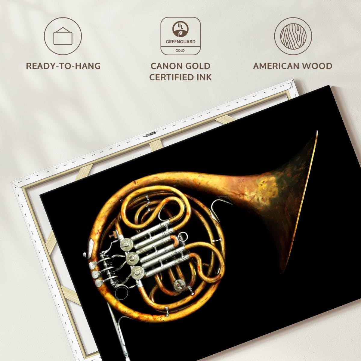 ElephantStock - Vintage French Horn Wall Art - Horizontal Canvas Wall Art - Living Room Wall Decor - Photography Music Canvas Art - Black And Gold Decor - 51