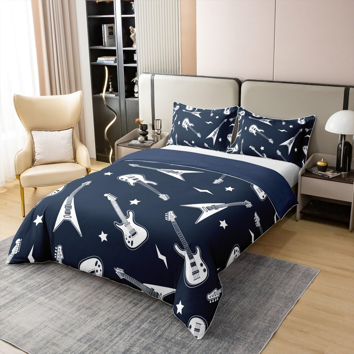 Manfei King Size 100% Cotton Guitar Bass Duvet Cover Music Theme Guitars Bedding Set Boys Girls Funny Musical Instrument Soft Comforter Cover Kids Bedroom Decor,No Comforter,Navy Blue