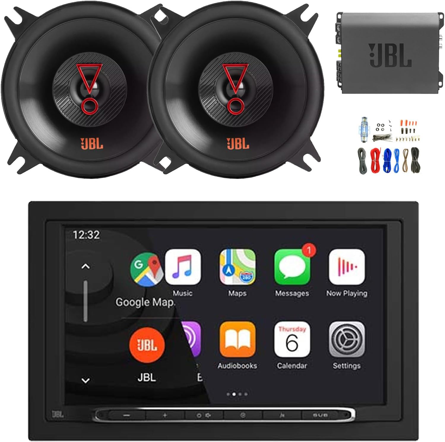 7” Touchscreen Double-DIN Bluetooth AM/FM Receiver, 2X 4 2-Way 150 Watt Peak Power Car Audio Speakers, Amplifier w/Install Kit