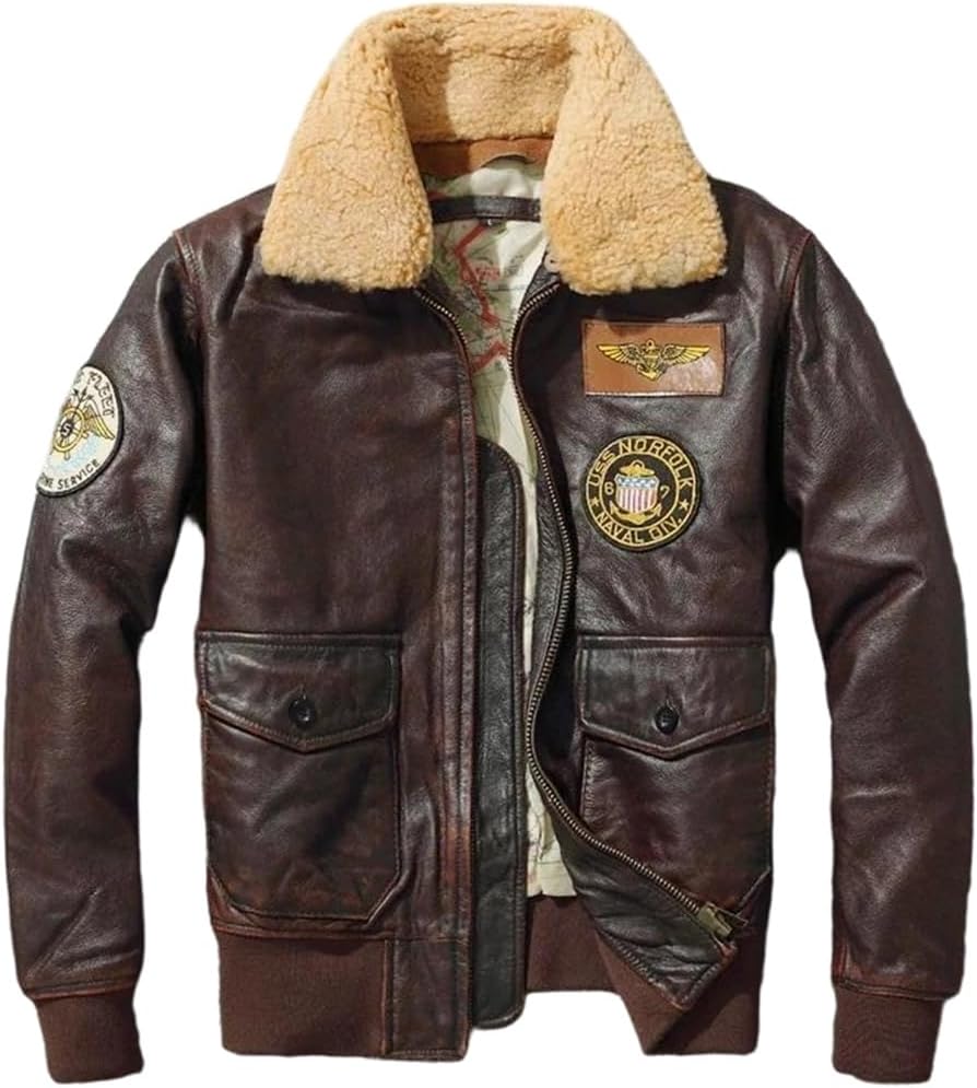 Men Genuine Leather Pilot Jacket Cowhide Motorcycle Suit Stone Grinding Plus Cotton Fur Collar Jacket