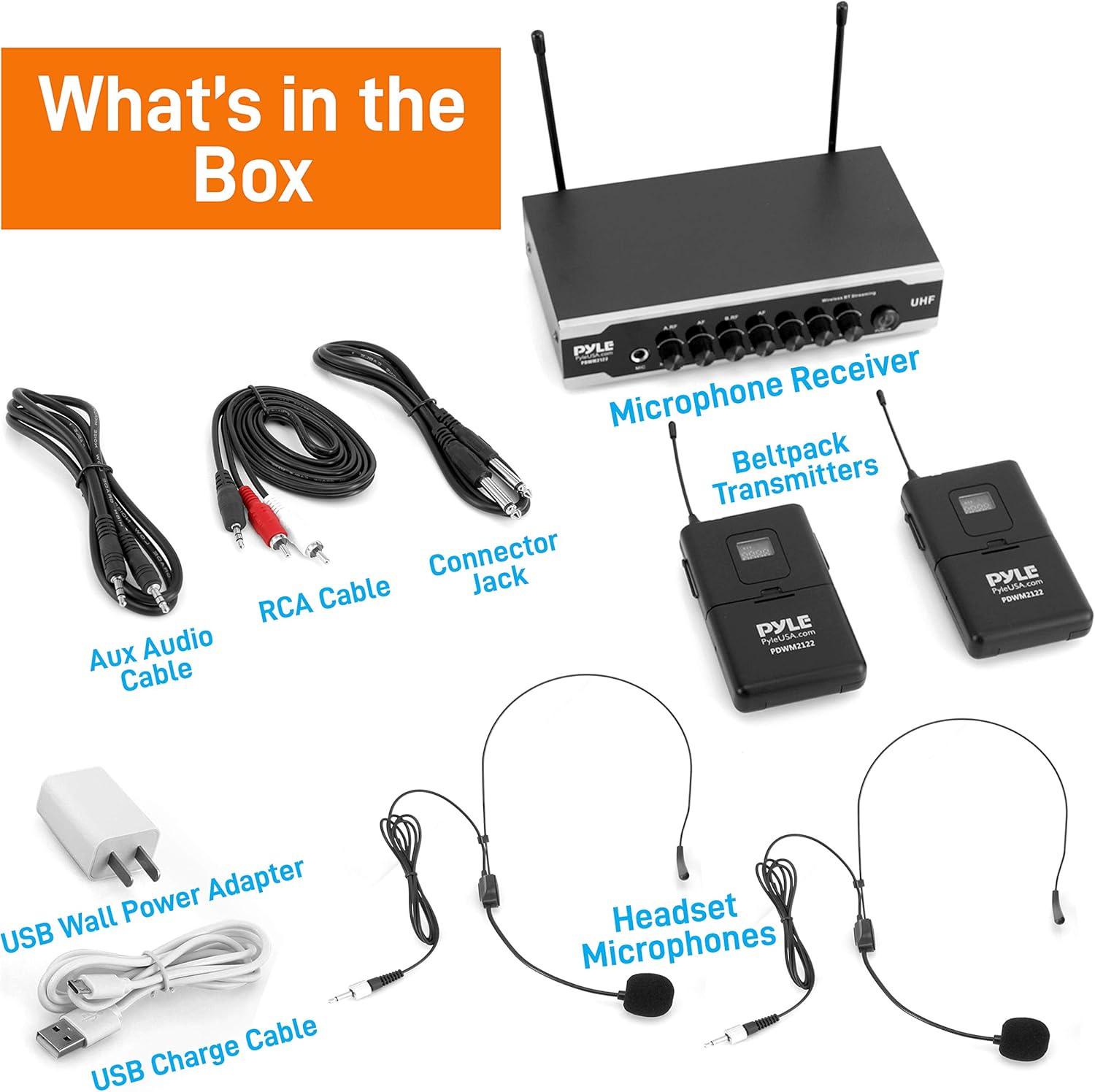 Pyle Portable Uhf Wireless Microphone System - Bluetooth Cordless Headset Lapel Lavalier Microphone Set W/ 2 Battery Operated Beltpack Transmitters, Receiver, Aux, for PA Karaoke DJ Party - PDWM2122