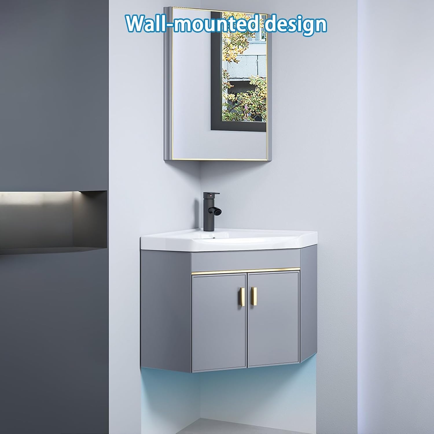Corner Wall Mount Bathroom Sink, Corner Bathroom Vanity, Ceramic Corner Sink, Bathroom Sink Cabinets with Storage Container and Mirror Cabinet, for Toilet Cloakroom(43cm/16.9in)