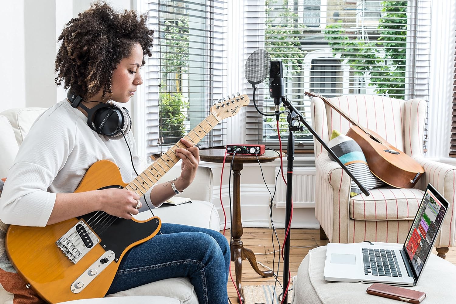 Focusrite Scarlett 2i2 USB Audio Interface Bundle with Headphones, Pop Filter, 2 XLR Cables, and Austin Bazaar Polishing Cloth