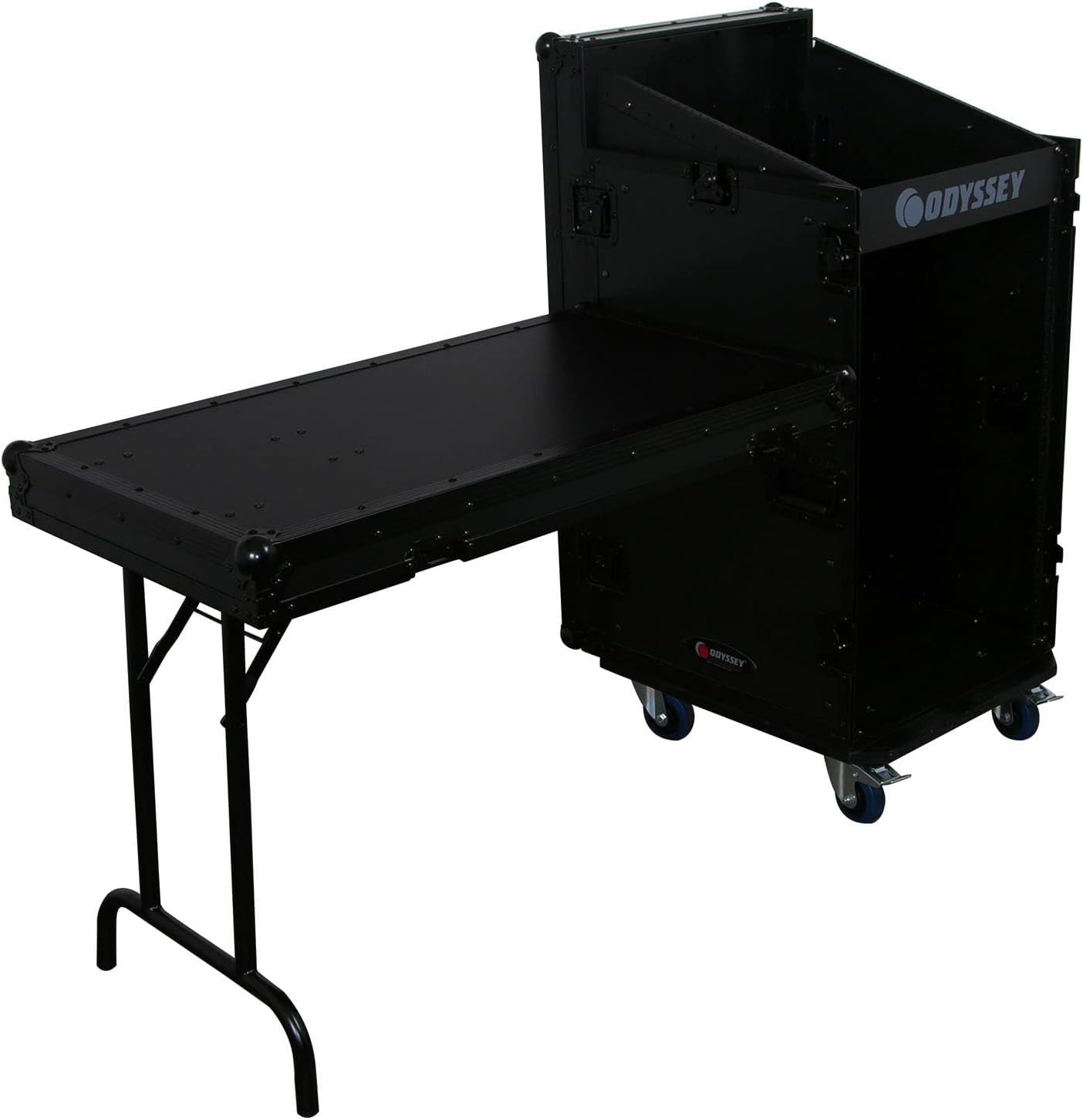 Odyssey FZ1116WDLXBL Black 11U Top Slanted 16U Vertical Pro Combo Rack with Side Table and Casters