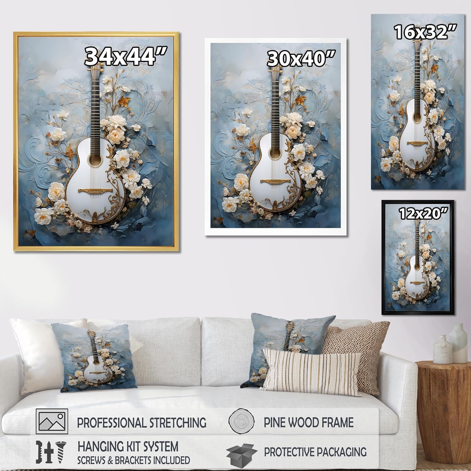 DesignQ music Oversized Gold Framed Wall art decor, Music Wall Art, Grecian Gray Bouzouki Brilliance, grey Canvas wall art, 34x44 inches