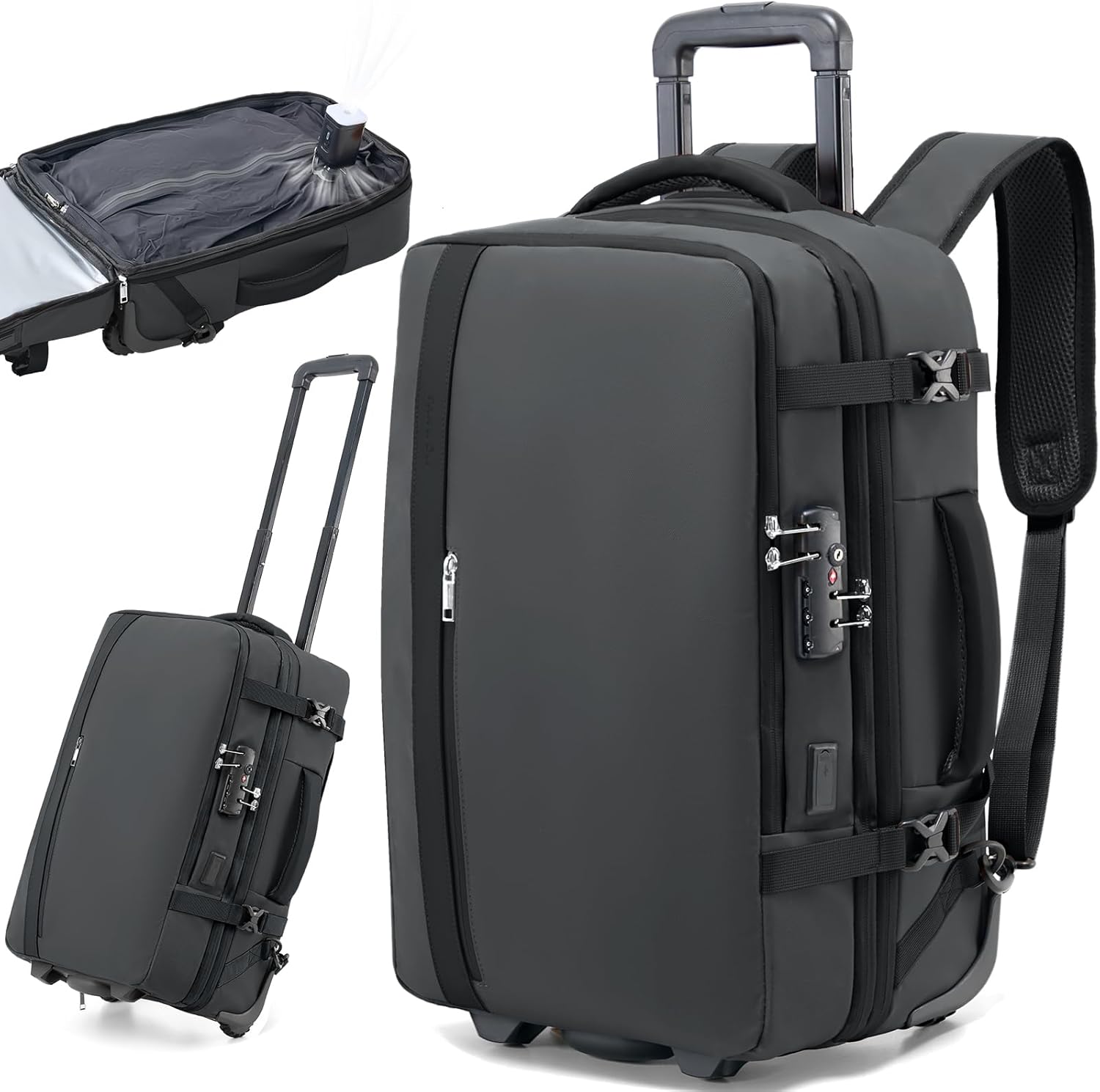 Fanwoli Vacuum Rolling Travel Backpack, Carry On Luggage with TSA Lock & Anti Theft Zipper, 70L Expandable Airback with Compression Pump, Waterproof Laptop Bag Ideal for Flight & Business