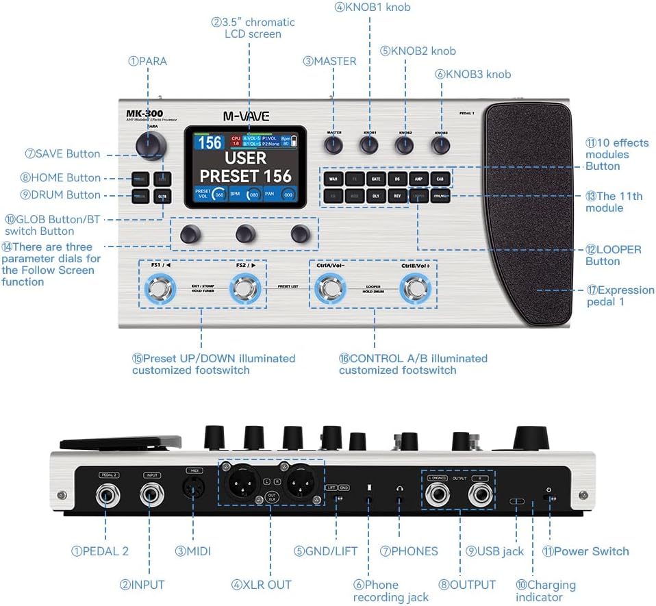MK-300 Guitar Multi-Effects Processor Pedal with 320+ Effects,160 Presets,Looper, Expression Pedal, Drum Machine,MIDI Port, IR Loader,Neural Network Modeling，Guitar/Bass
