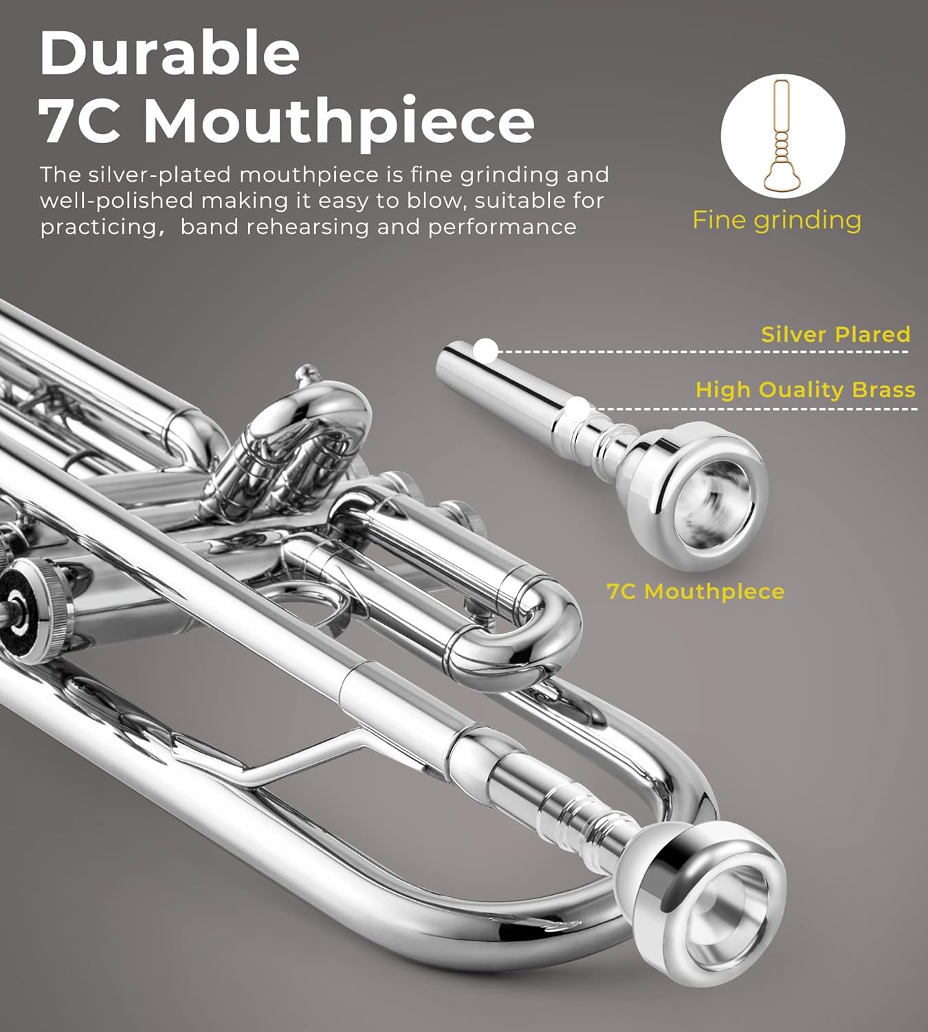 Vangoa Trumpet Bb Standard Student for School Band Brass Orchestra Adult Kid Beginner with Stand, Hard Case, Cleaning Kit, Gloves and 7C Mouthpiece, Silver