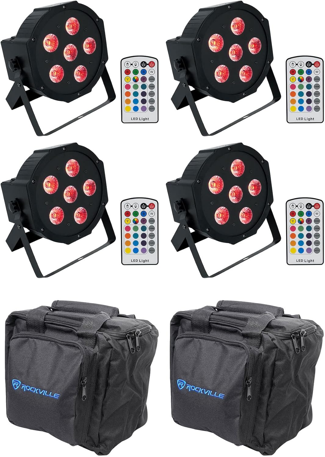 Rockville Battery PAR 6RF Bundle: (4) Rechargeable RGBWA+UV Wireless DMX LED Par Lights with RF Remotes, (2) RLB90 Universal Travel Bags for Fixtures and Cables, 6-Items