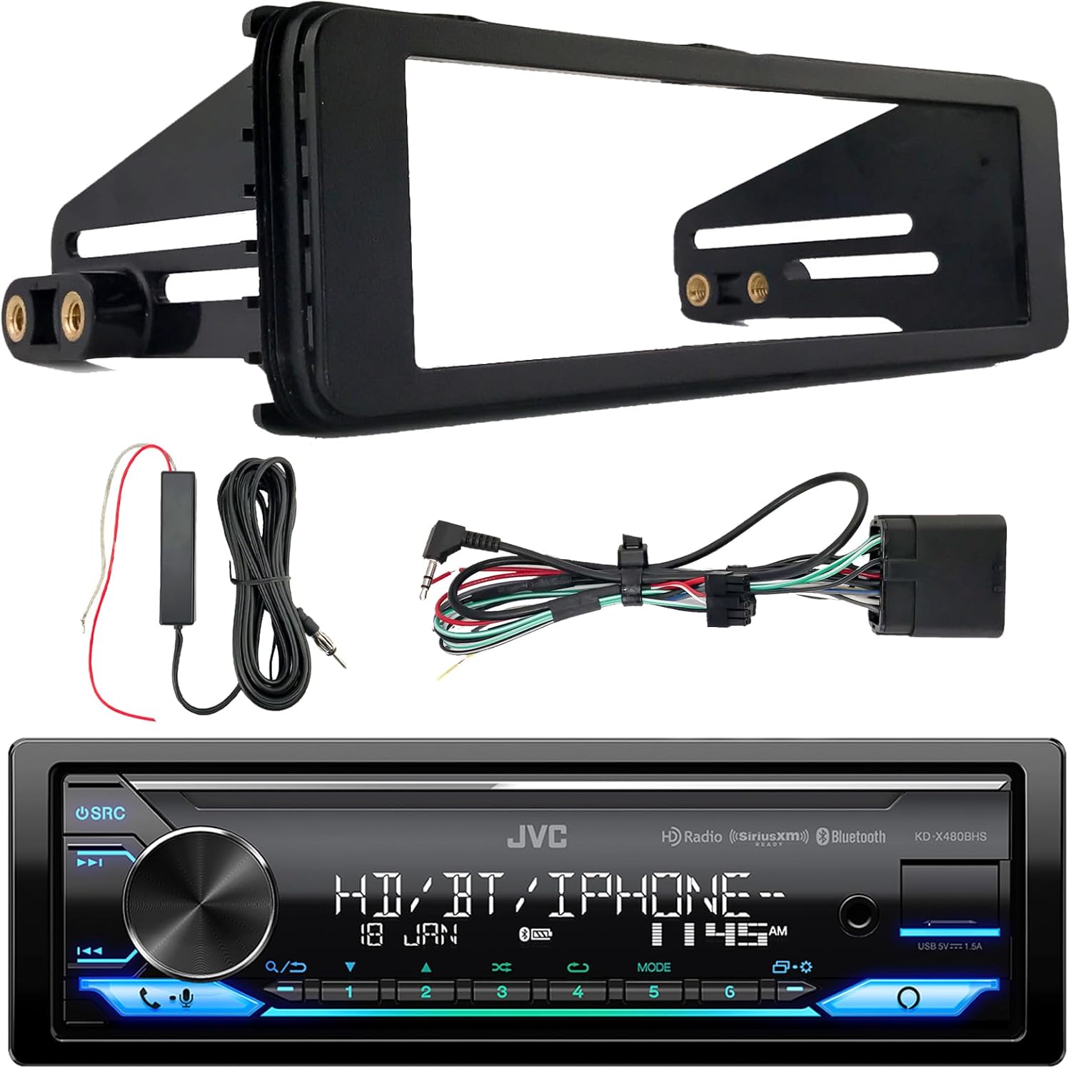 JVC KD-X480BHS Single DIN Bluetooth USB/AUX LED AM/FM SiriusXM Ready Amazon Alexa Stereo Receiver W/Stereo Installation Kit, Black Signal Reception Amplifier Booster Kit (Digital Media – HD Radio)