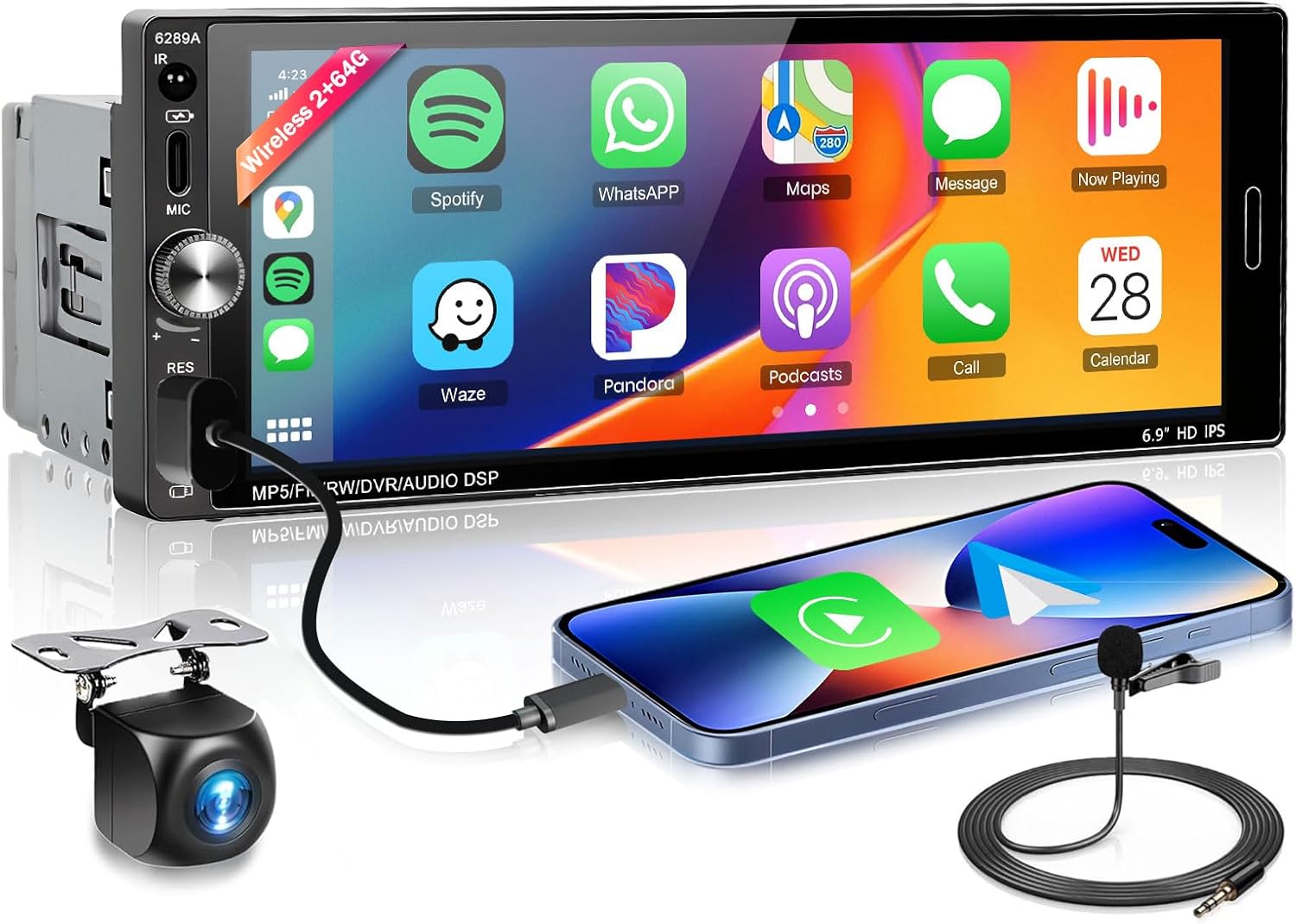 Android Single Din Car Stereo Compatible with Wireless Carplay Android Auto[2+64G],METEESER 6.9 Inch,1280 * 480 Touch Screen Car Radio Bluetooth5.0,GPS,WiFi,SWC,59UI,32EQ AI DSP+Backup Camera