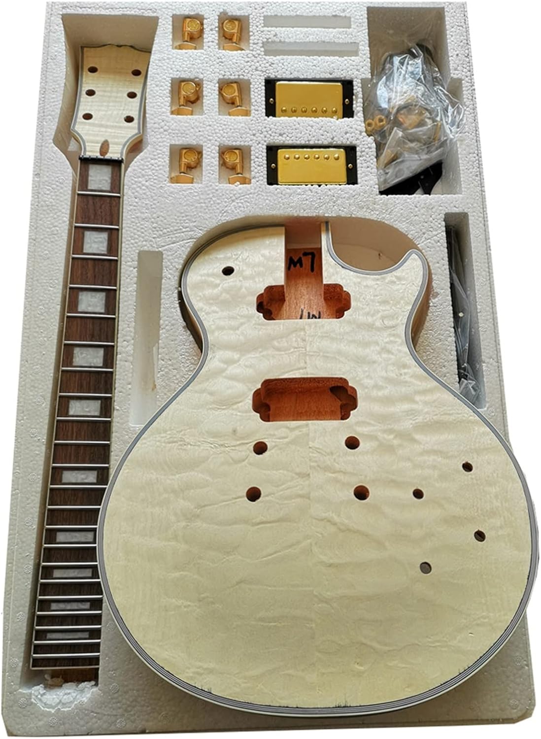 DIY Electric Guitar Kit Unfinished DIY Guitar Kit Mahogany Okoume Body Neck Flame Maple Veneer Complete Electric Guitar Assembly (Color : 02)