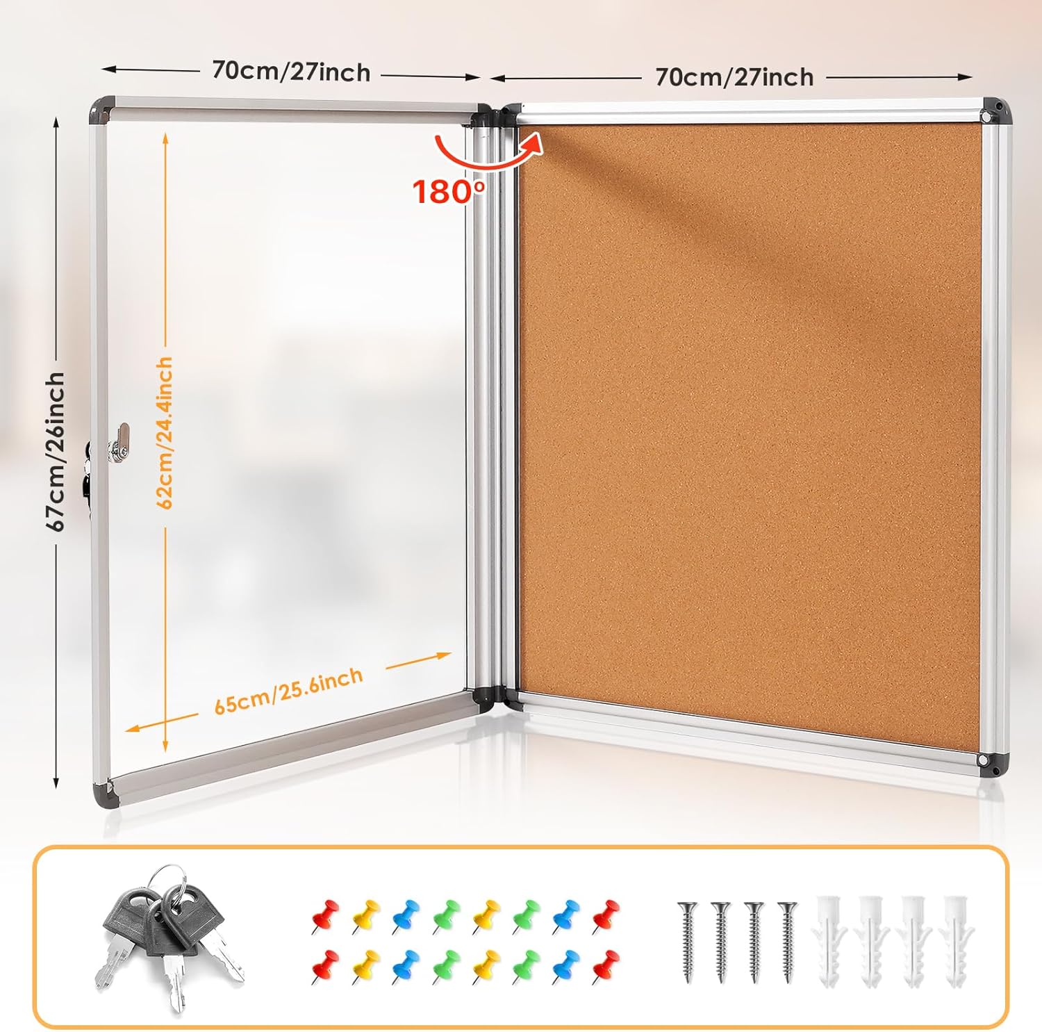 Enclosed Cork Bullletin Board 28x26 in, Tamperproof Display Case with Locking Door for Office School Home Store, Wall Mount, Silver Aluminum Frame (6xA4)